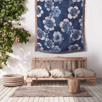 Indigo Shibori Flowers Woven Blanket – Japanese-Inspired Floral Throw or Wall Hanging Textile Decor