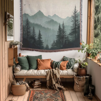Sage Green Mountain Landscape Woven Blanket – Tranquil Nature-Inspired Throw or Wall hanging Decor