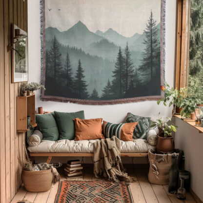 Sage Green Mountain Landscape Woven Blanket – Tranquil Nature-Inspired Throw or Wall hanging Decor