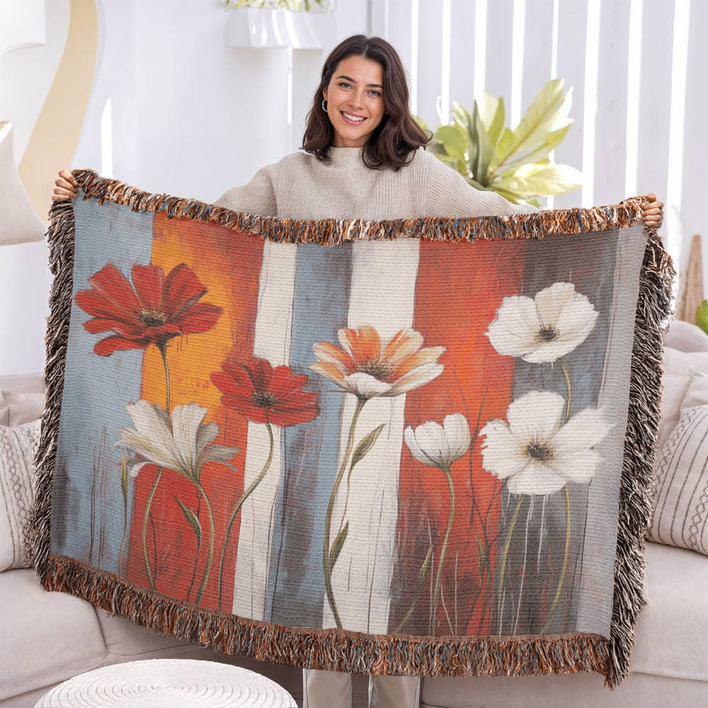Red and white flowers Woven Blanket – Nature-Inspired Botanical Throw or wall hanging decor - Image 2