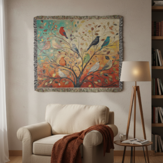 Colorful Birds on Tree Woven Blanket – Vibrant Nature-Inspired Throw or Wall Hanging Decor