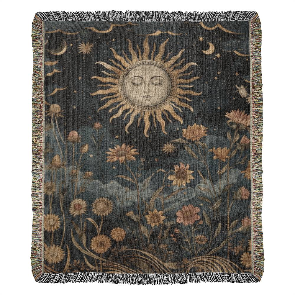 Mystical celestial sun boho spiritual dark cottagecore woven blanket - Image 2