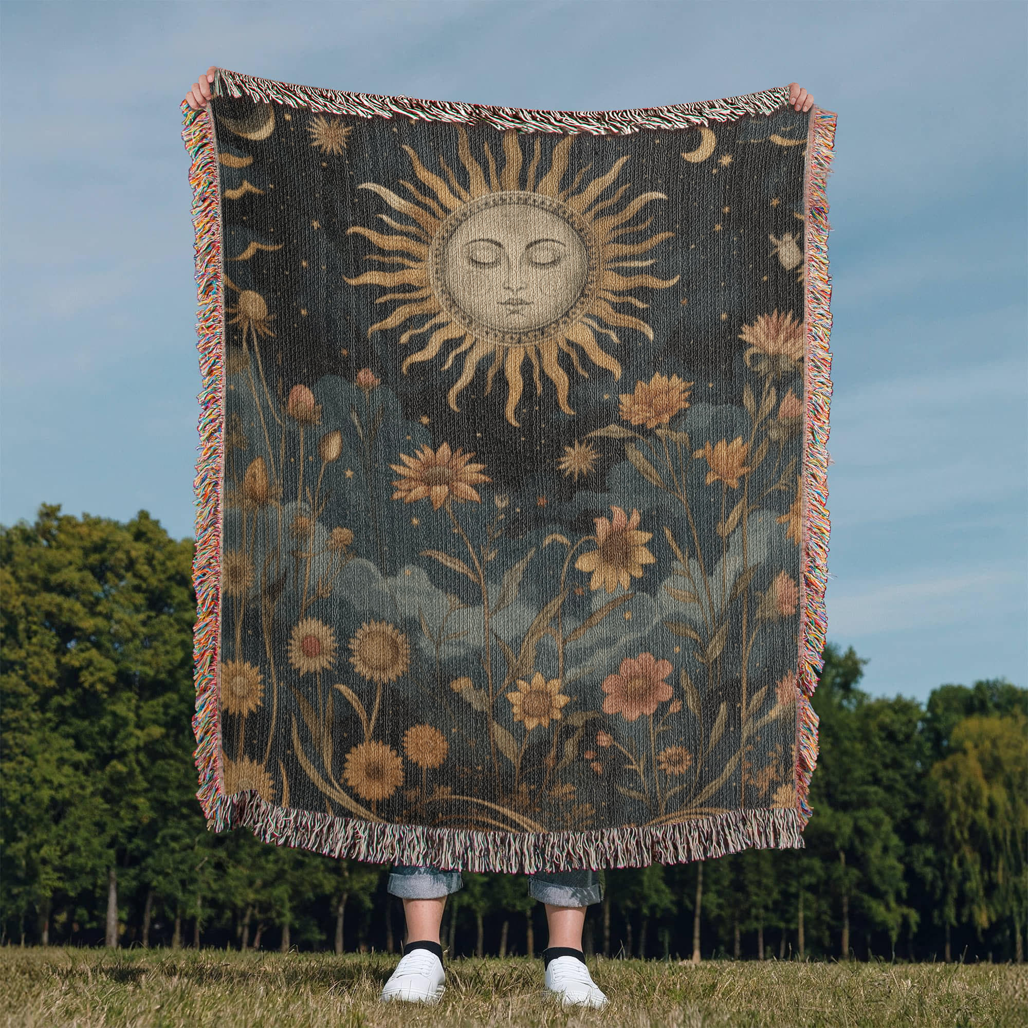 Mystical celestial sun boho spiritual dark cottagecore woven blanket - Image 3