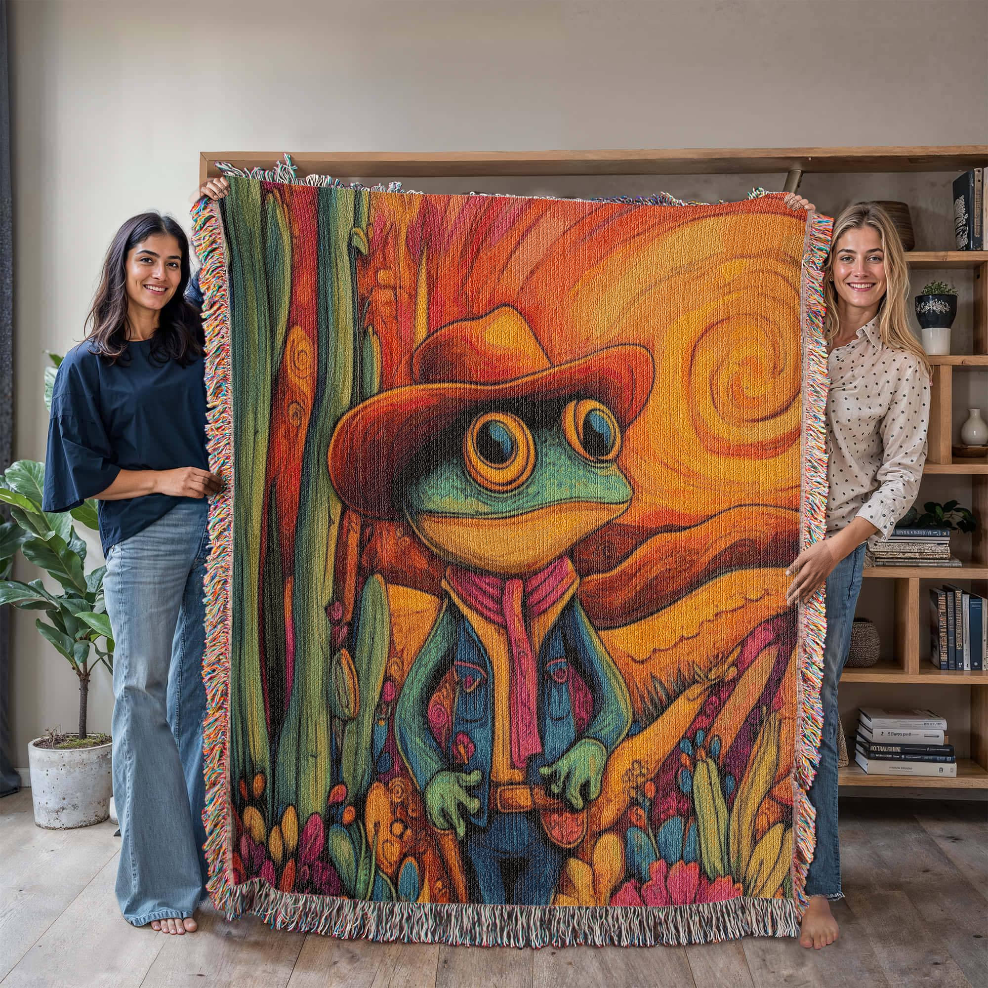 Cowboy Frog Woven Blanket – Impressionist Style Throw or Wall Hanging Decor - Image 2
