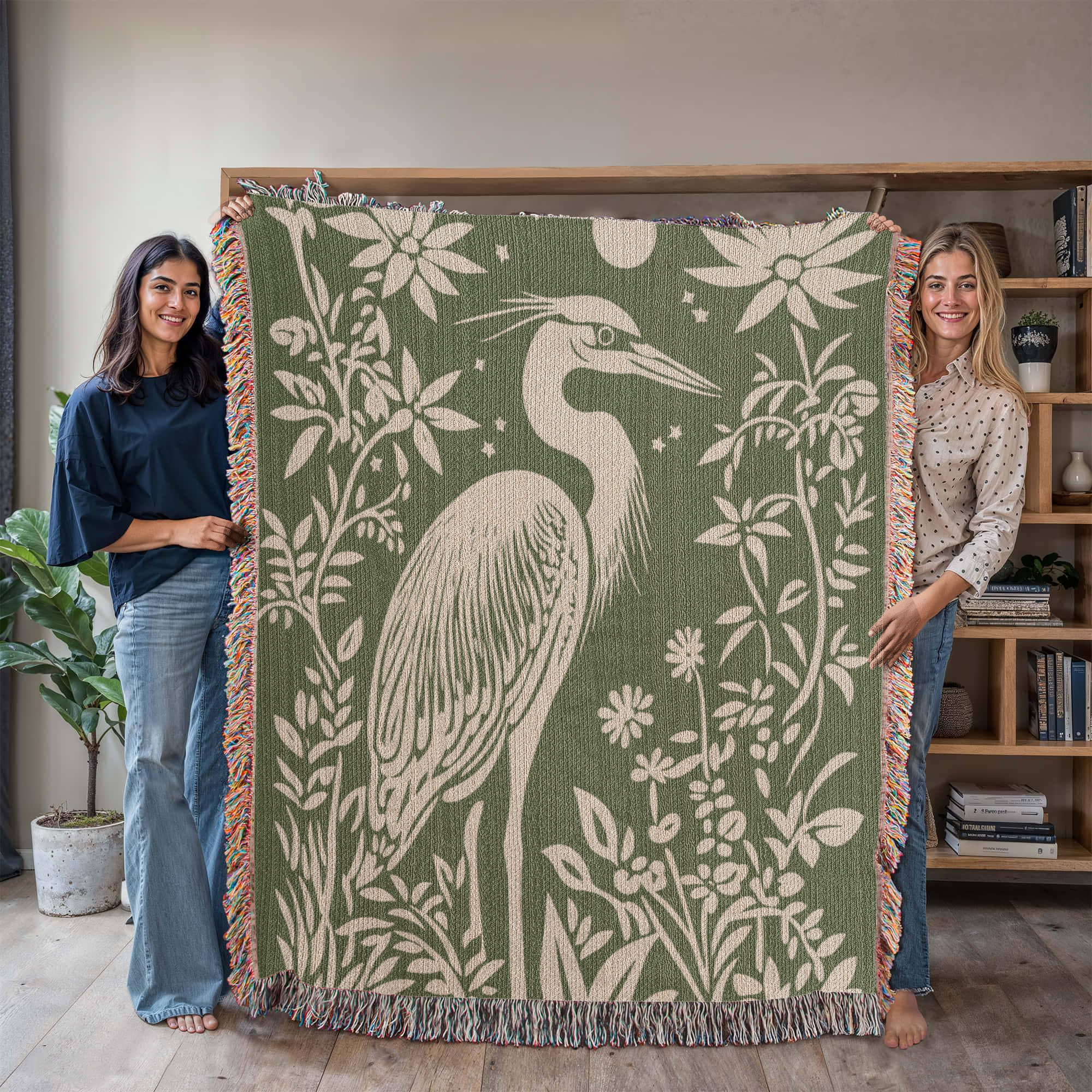 Blue Heron Jacquard Woven Blanket – Linocut Style Nature-Inspired Throw or Wall Hanging Decor - Image 2