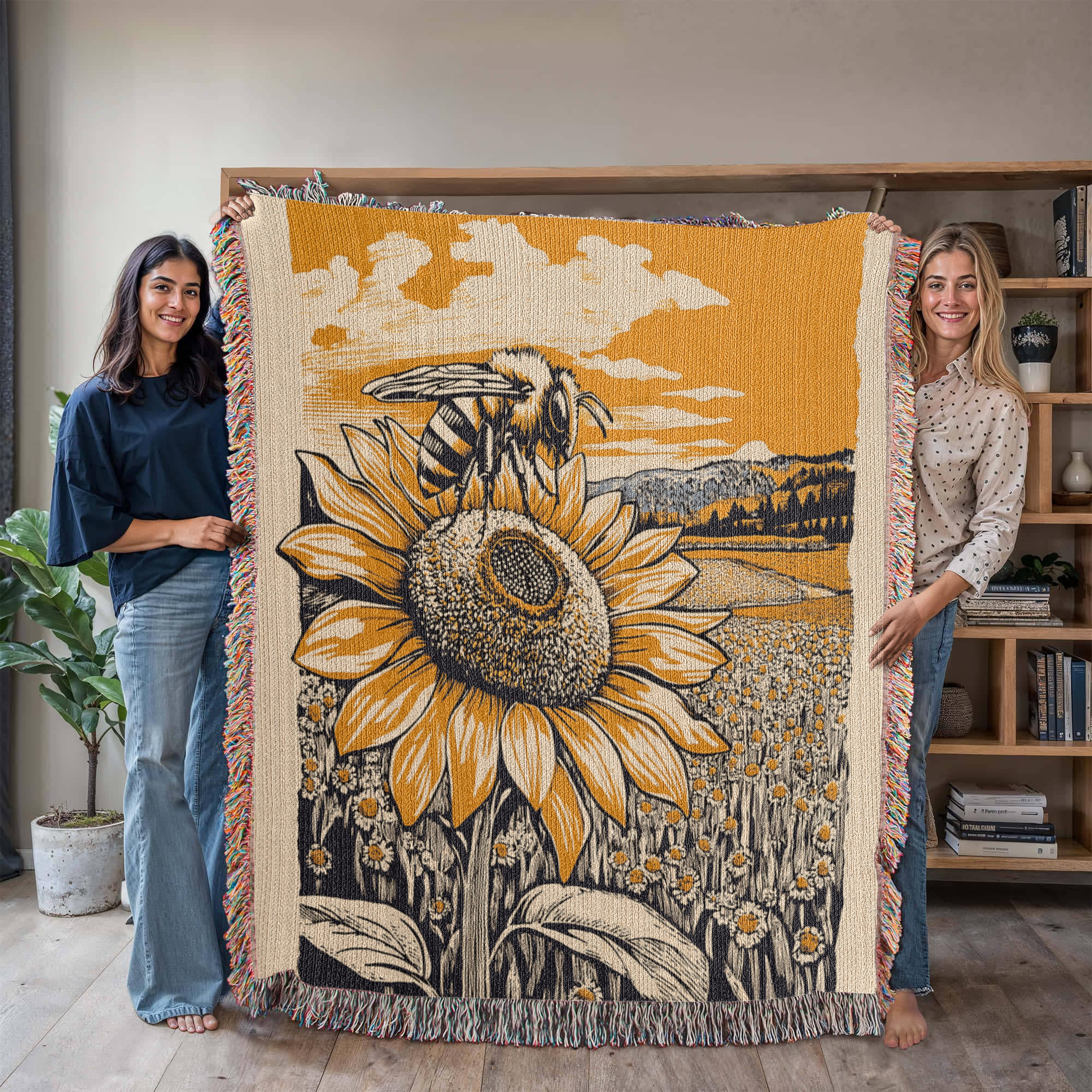 Bee on Sunflower Woven Blanket – Linocut Style Nature-Inspired Throw and Wall Decor - Image 2