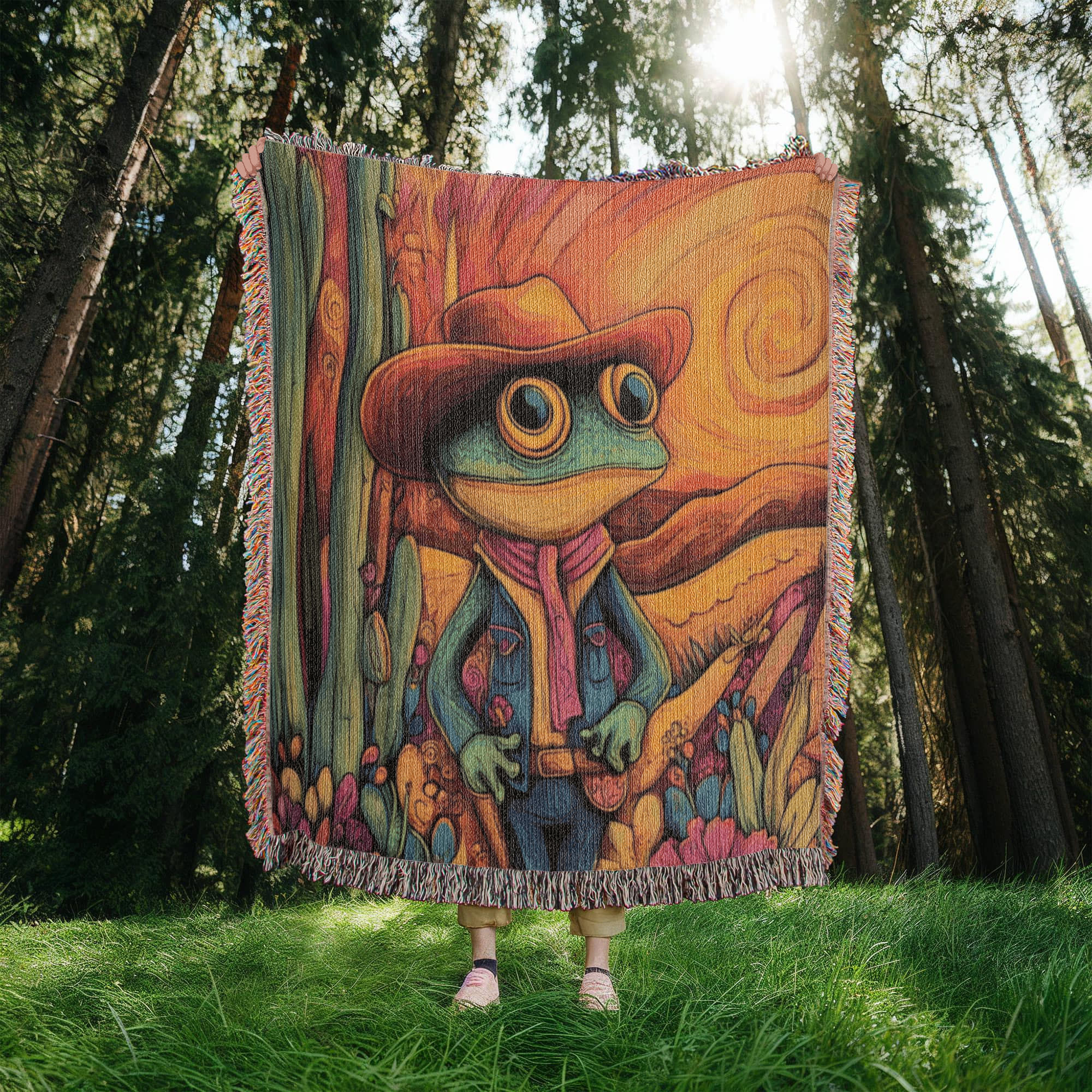 Cowboy Frog Woven Blanket – Impressionist Style Throw or Wall Hanging Decor - Image 3