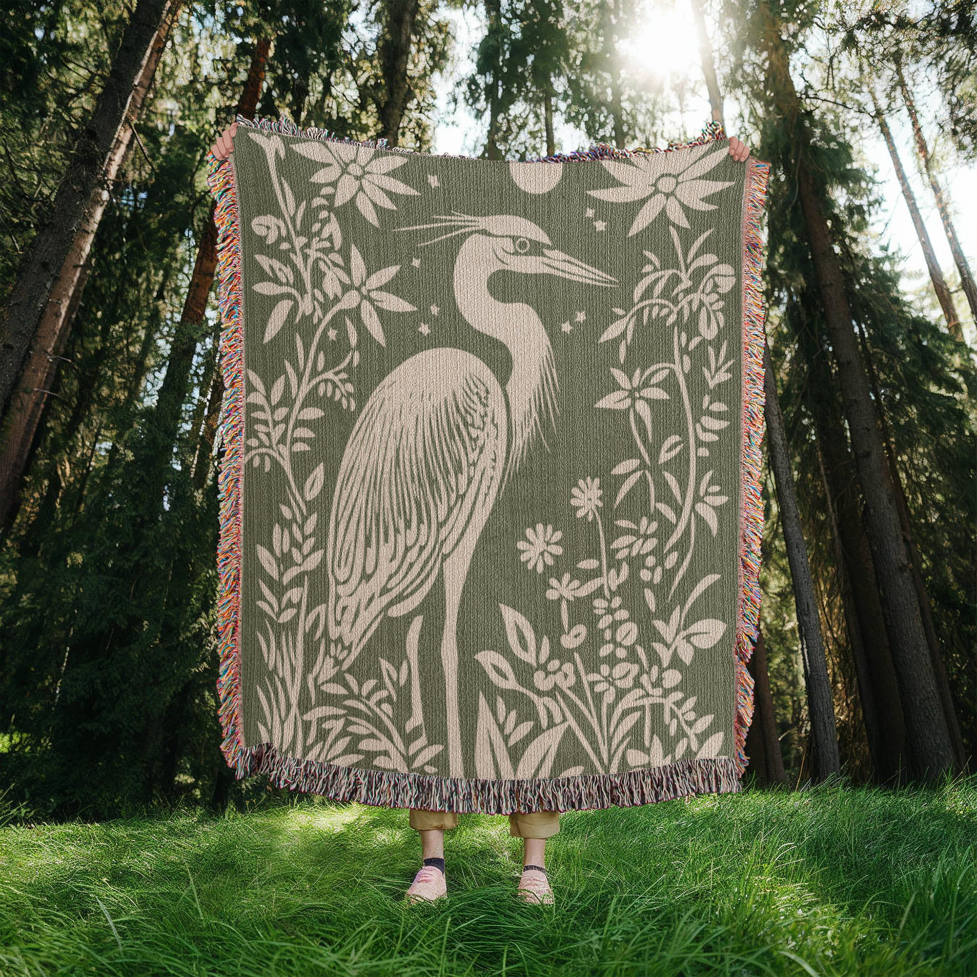 Blue Heron Jacquard Woven Blanket – Linocut Style Nature-Inspired Throw or Wall Hanging Decor - Image 3