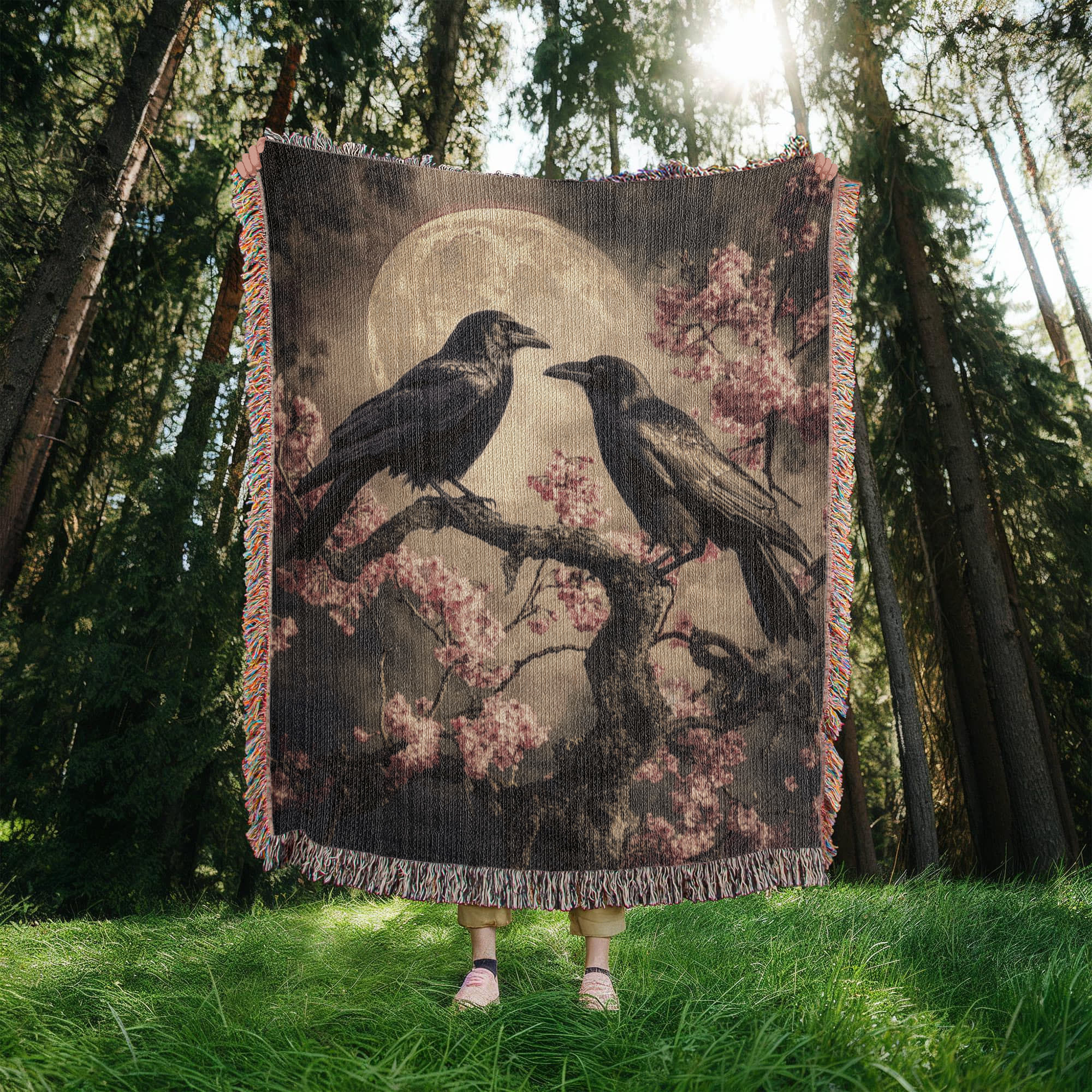 Crows Under Moonlight Woven Blanket, Gothic Dark academia Throw or Wall hanging Decor - Image 4