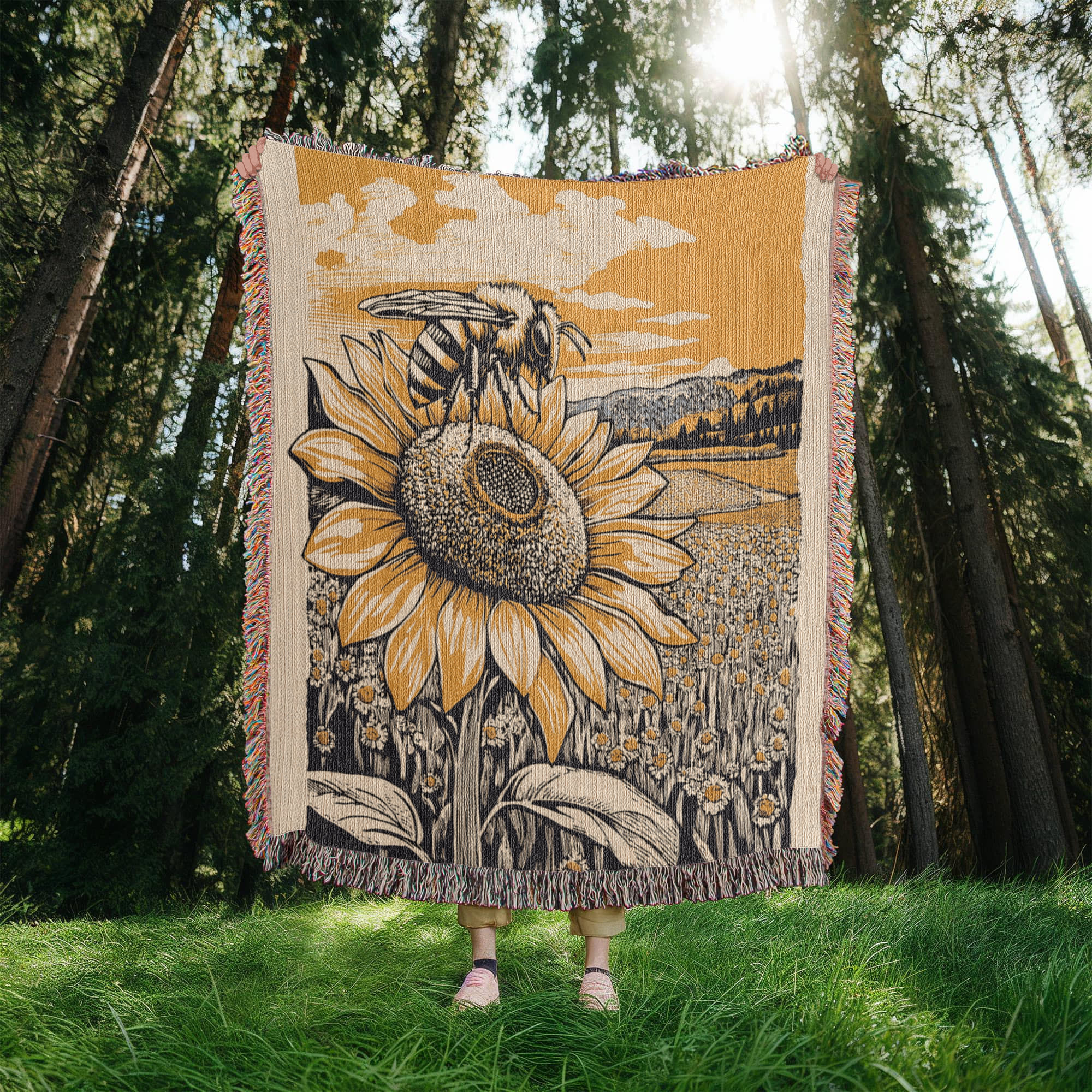 Bee on Sunflower Woven Blanket – Linocut Style Nature-Inspired Throw and Wall Decor - Image 3