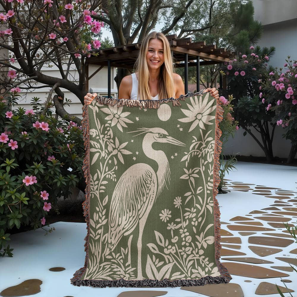 Blue Heron Jacquard Woven Blanket – Linocut Style Nature-Inspired Throw or Wall Hanging Decor - Image 4