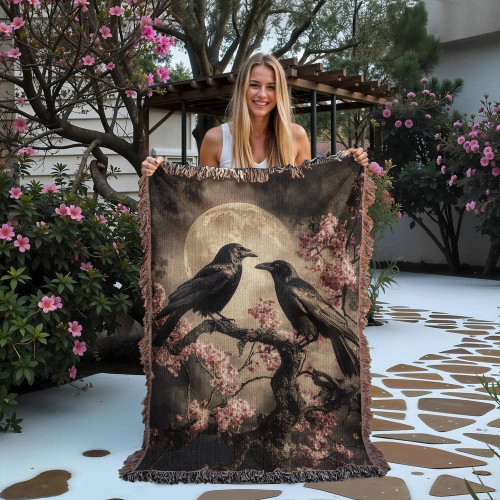 Crows Under Moonlight Woven Blanket, Gothic Dark academia Throw or Wall hanging Decor - Image 6