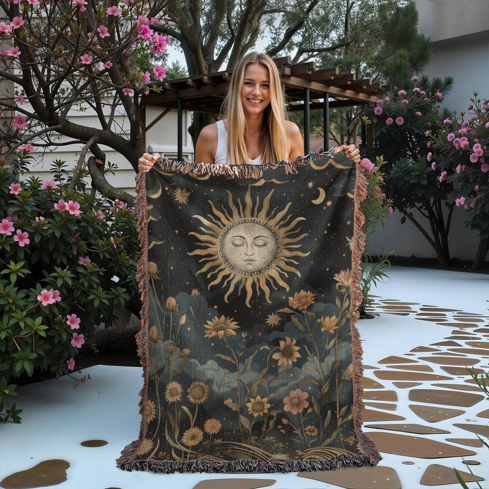 Mystical celestial sun boho spiritual dark cottagecore woven blanket - Image 5