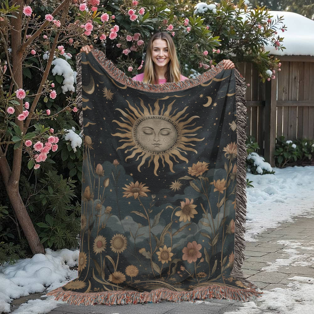 Mystical celestial sun boho spiritual dark cottagecore woven blanket - Image 6