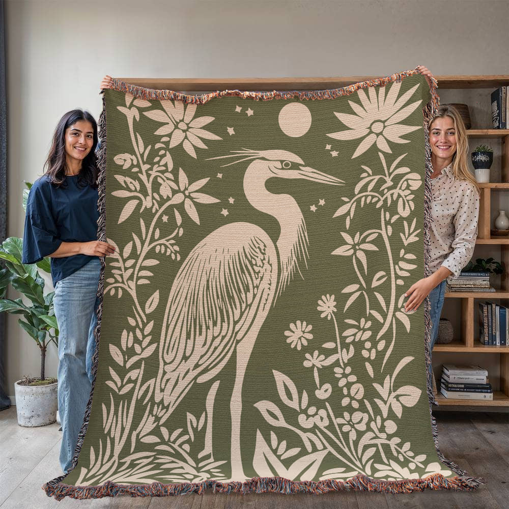 Blue Heron Jacquard Woven Blanket – Linocut Style Nature-Inspired Throw or Wall Hanging Decor - Image 5