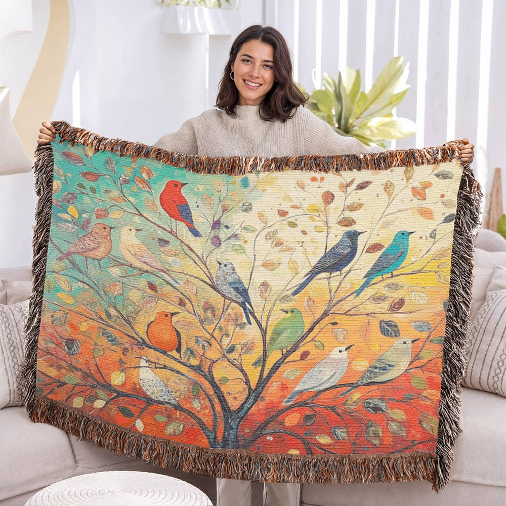 Colorful Birds on Tree Woven Blanket – Vibrant Nature-Inspired Throw or Wall Hanging Decor - Image 4