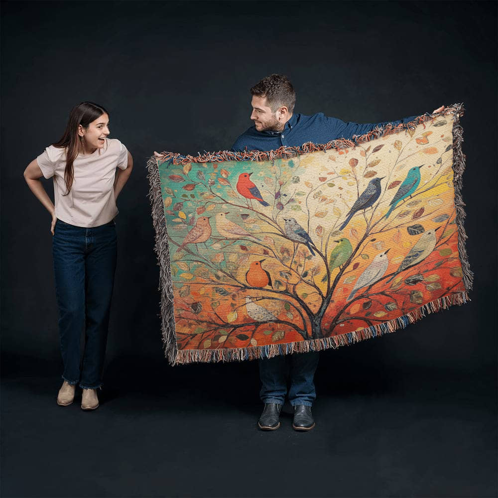 Colorful Birds on Tree Woven Blanket – Vibrant Nature-Inspired Throw or Wall Hanging Decor - Image 5