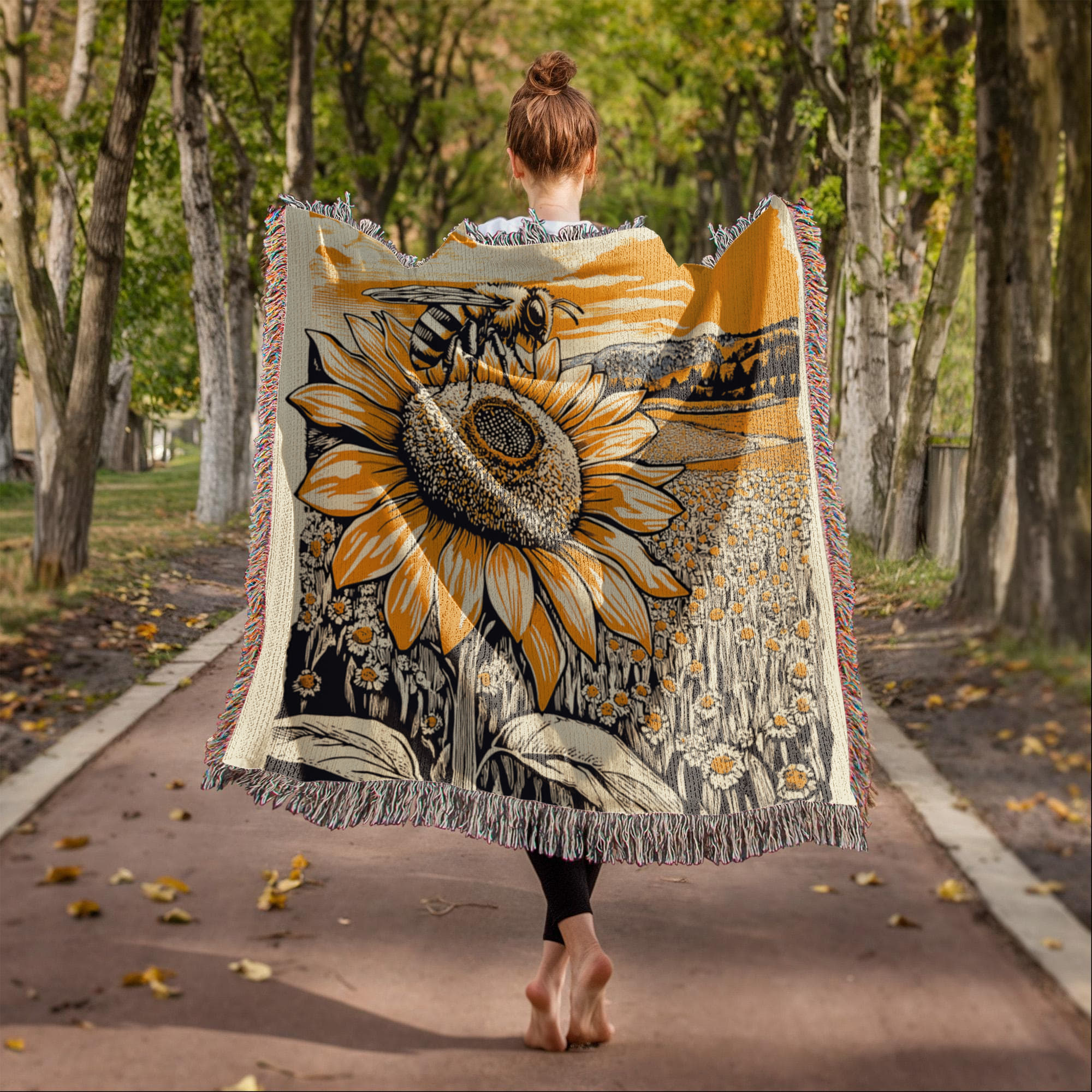 Bee on Sunflower Woven Blanket – Linocut Style Nature-Inspired Throw and Wall Decor - Image 5
