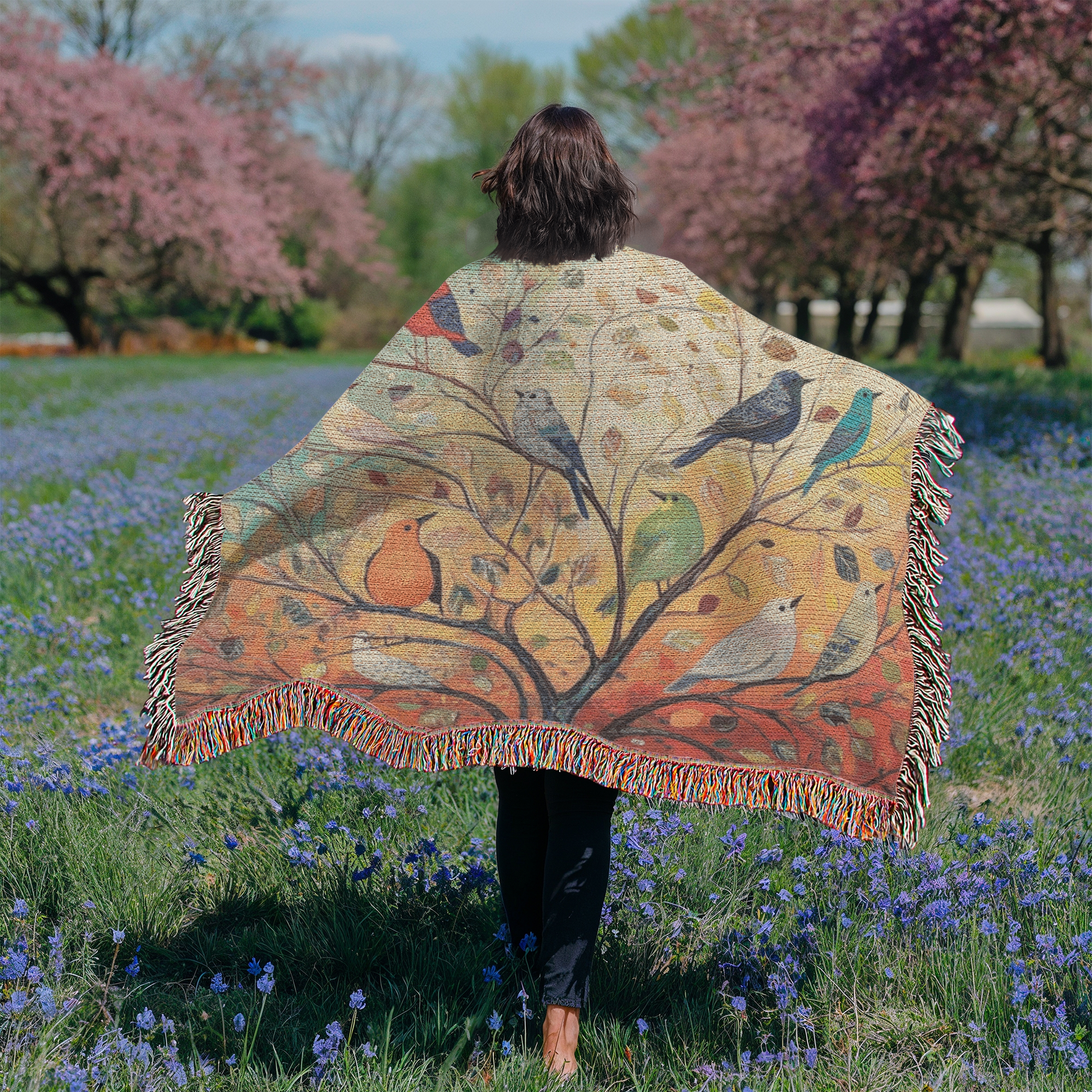 Colorful Birds on Tree Woven Blanket – Vibrant Nature-Inspired Throw or Wall Hanging Decor - Image 6
