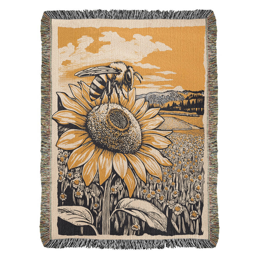 Bee on Sunflower Woven Blanket – Linocut Style Nature-Inspired Throw and Wall Decor - Image 6