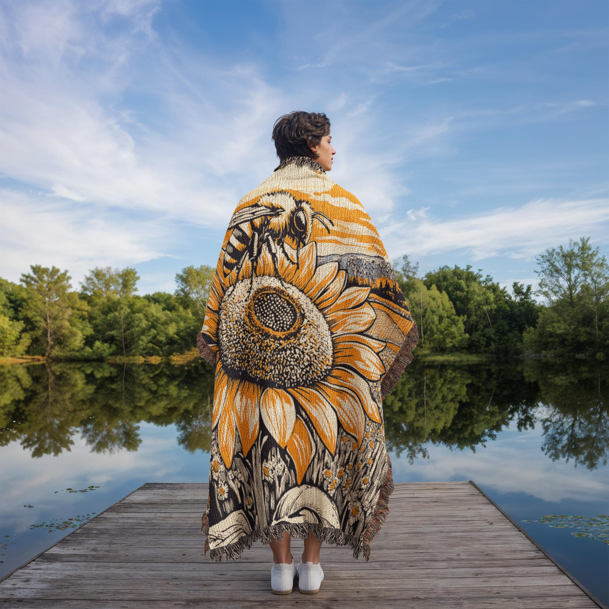 Bee on Sunflower Woven Blanket – Linocut Style Nature-Inspired Throw and Wall Decor - Image 7