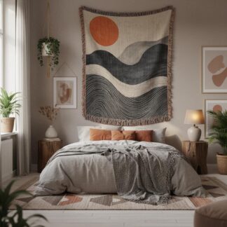 Abstract Ocean Sunset Coastal Woven Cotton Blanket