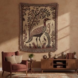 Indian Folk Art Kalamkari Style Woven Cotton Blanket