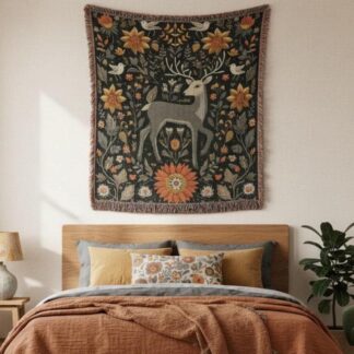 Folk Art Deer & Floral Scandinavian art Woven Cotton Blanket