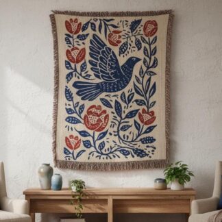 Folk Art Bird Pennsylvania Dutch Woven Cotton Blanket