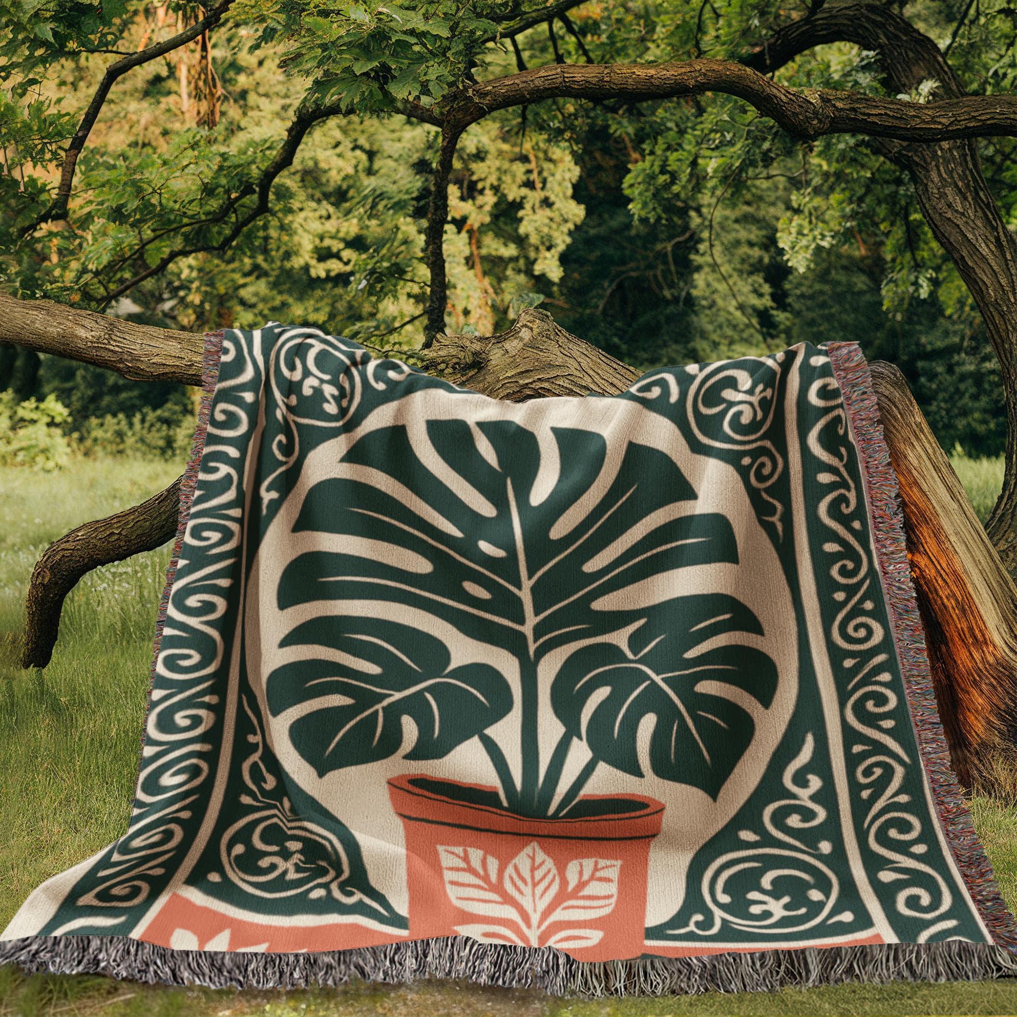 Bohemian Monstera Retro Tropical Plant Woven Cotton Blanket - Image 3