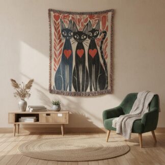 Mid-Century Folk Art Cats Black Cat Woven Cotton Blanket