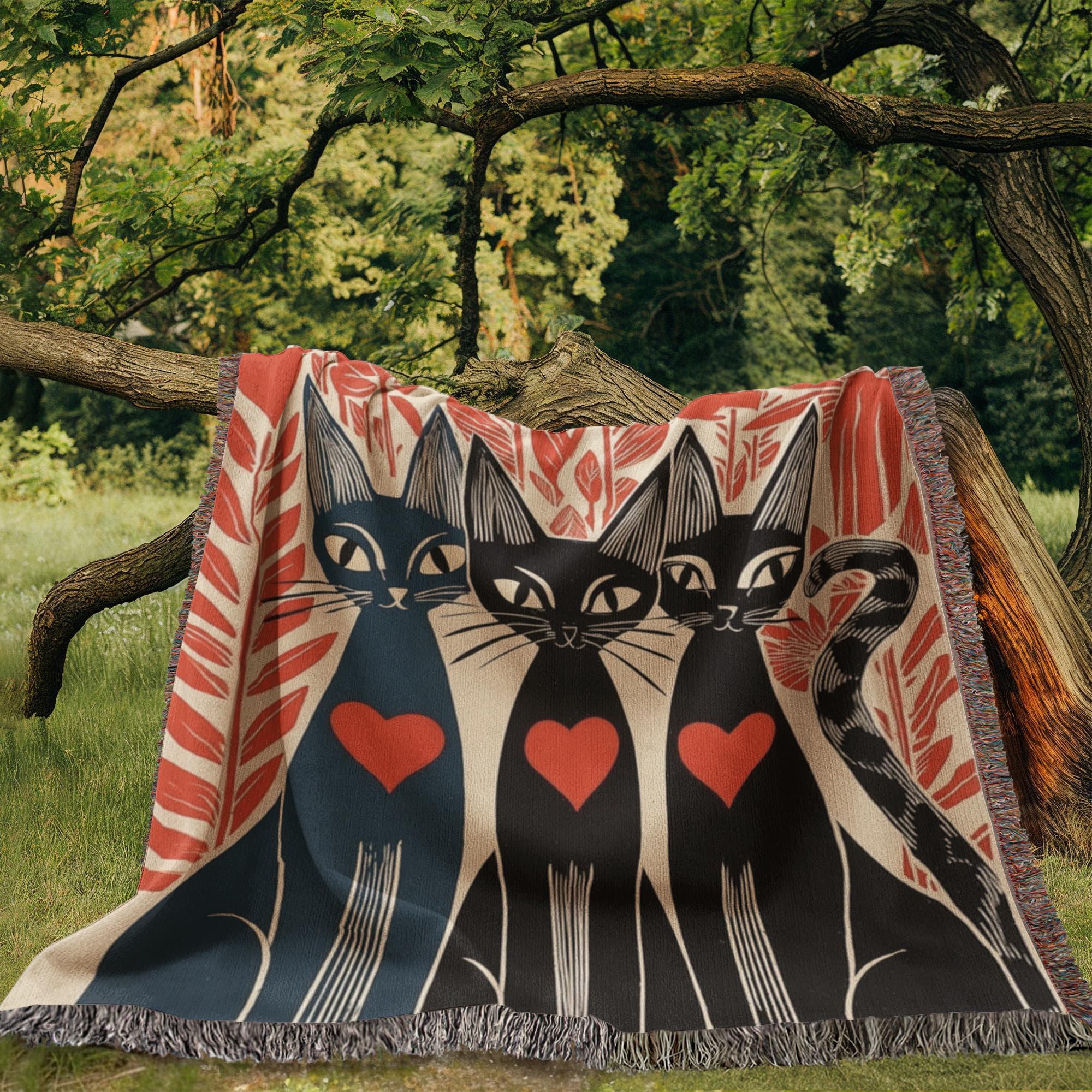Mid-Century Folk Art Cats Black Cat Woven Cotton Blanket - Image 4