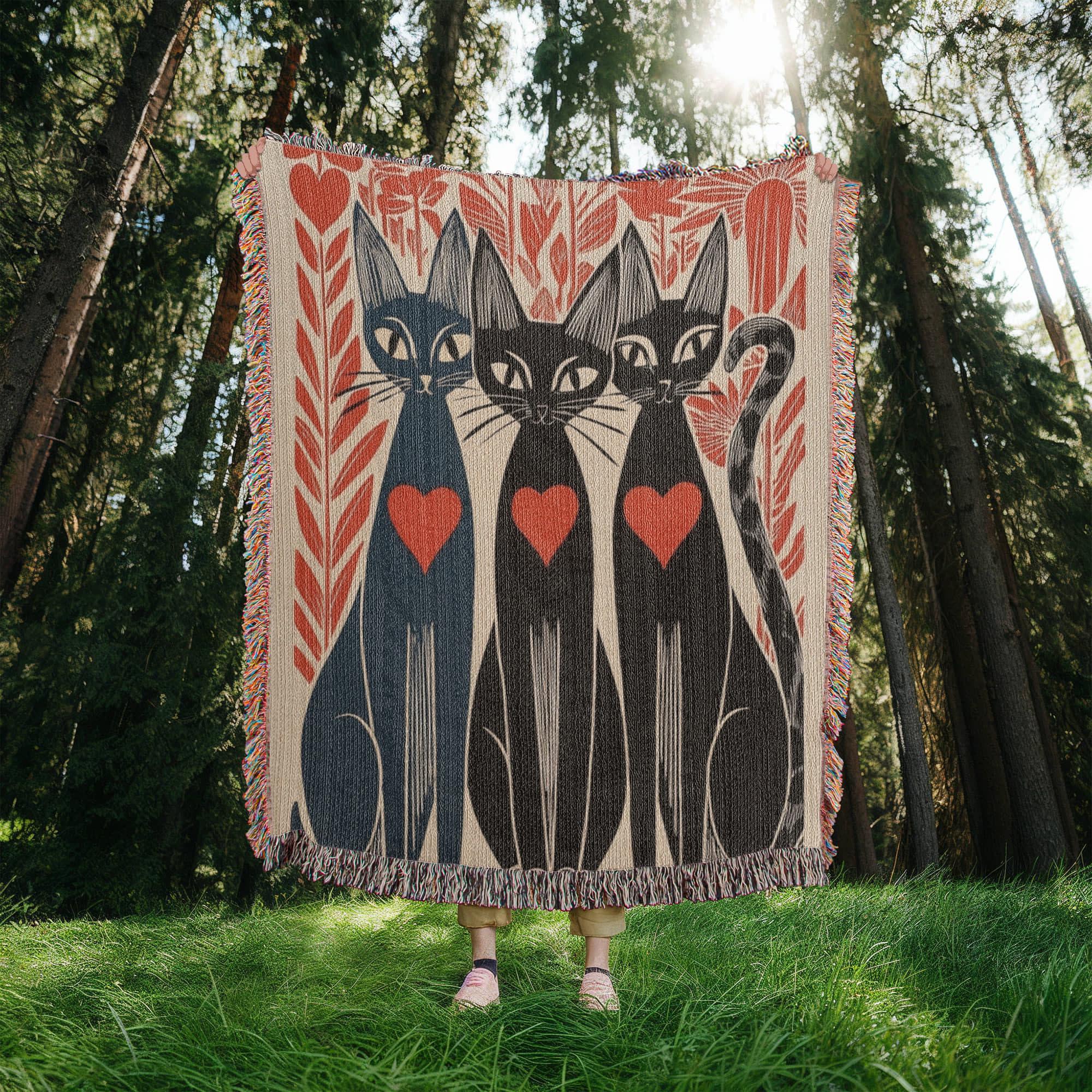 Mid-Century Folk Art Cats Black Cat Woven Cotton Blanket - Image 6