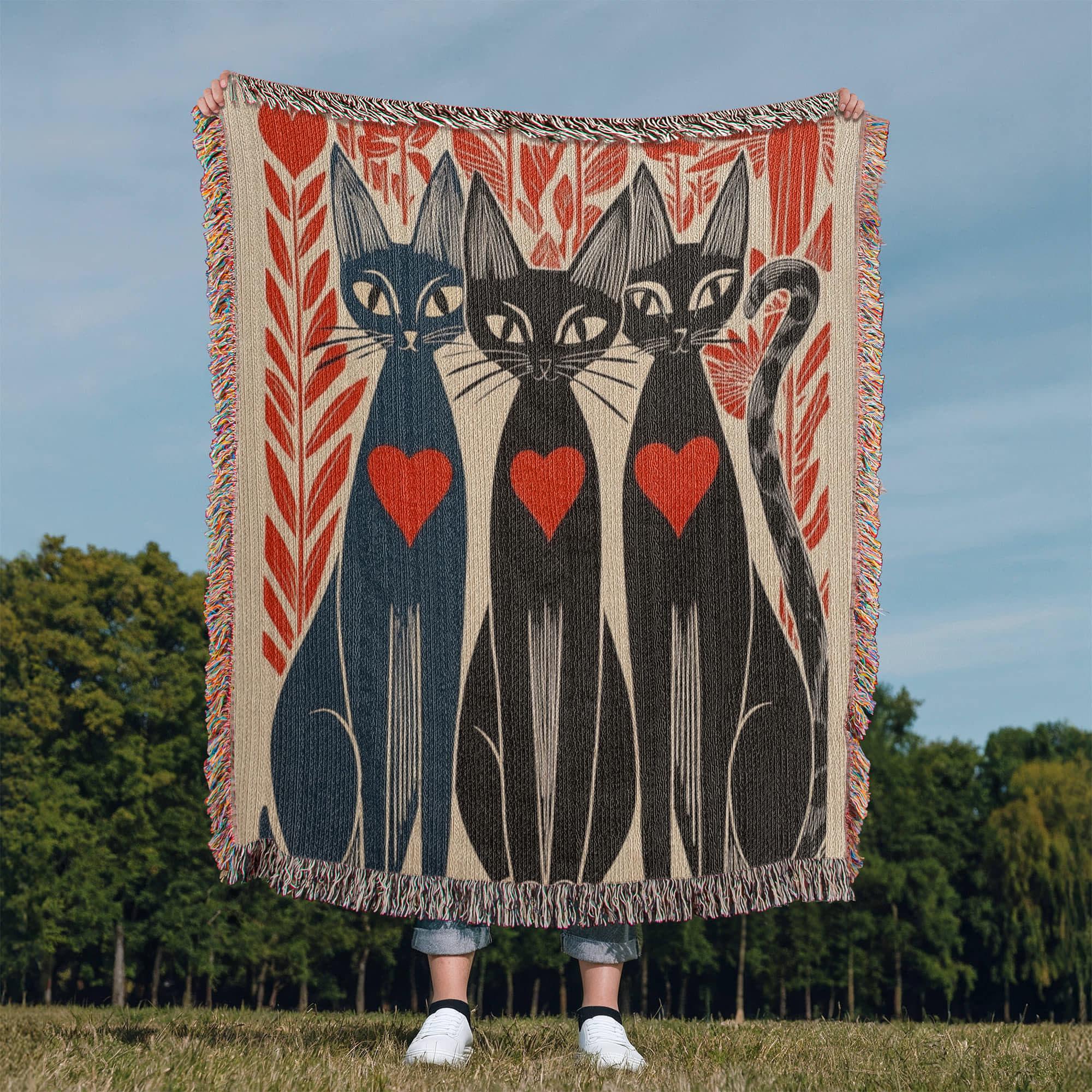Mid-Century Folk Art Cats Black Cat Woven Cotton Blanket - Image 8