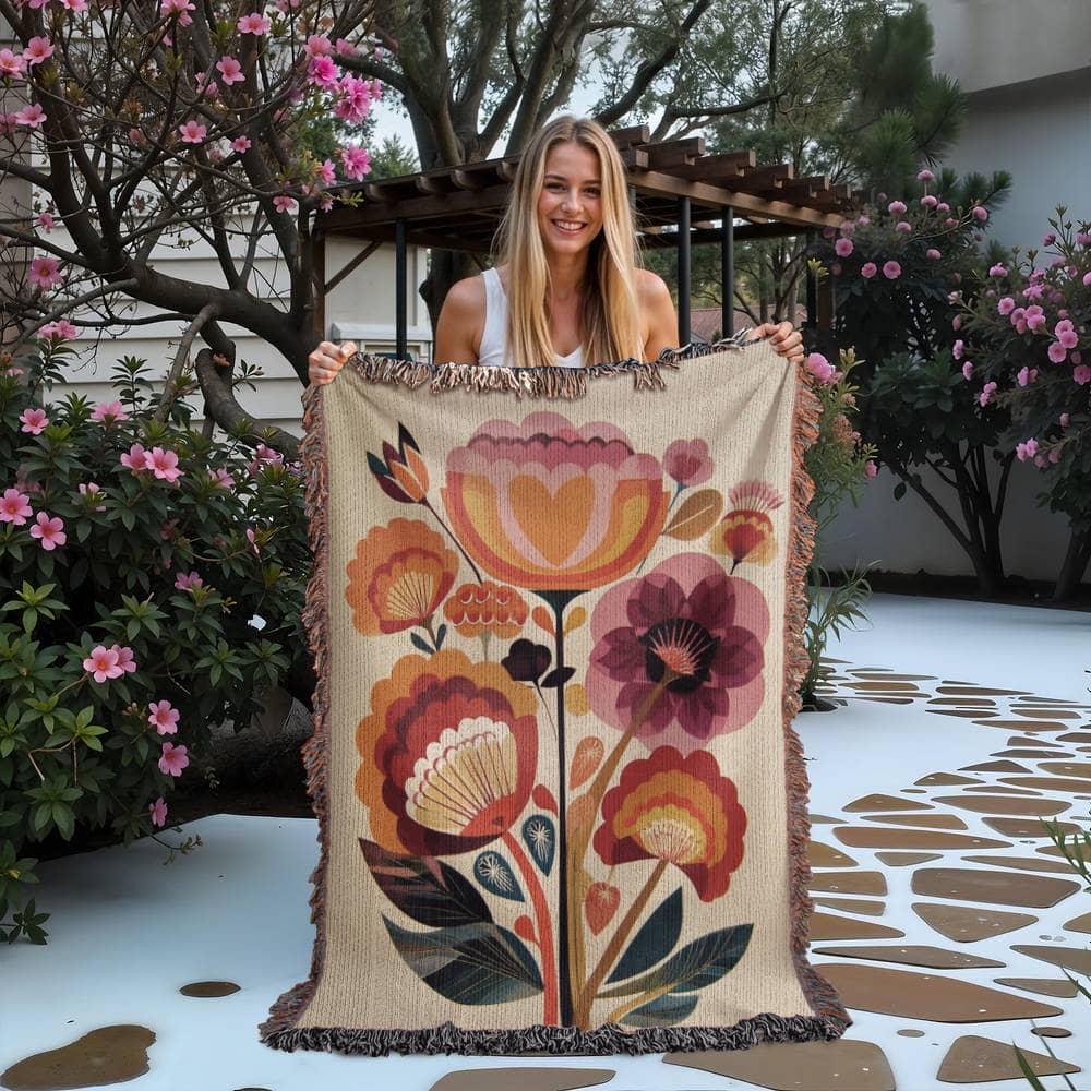 Scandinavian Folk Flower Nordic Hygge Art Woven Cotton Blanket - Image 2