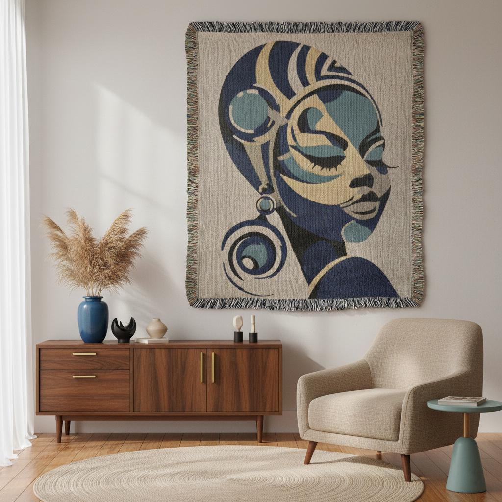 African Woman Geometric art Woven Cotton Blanket