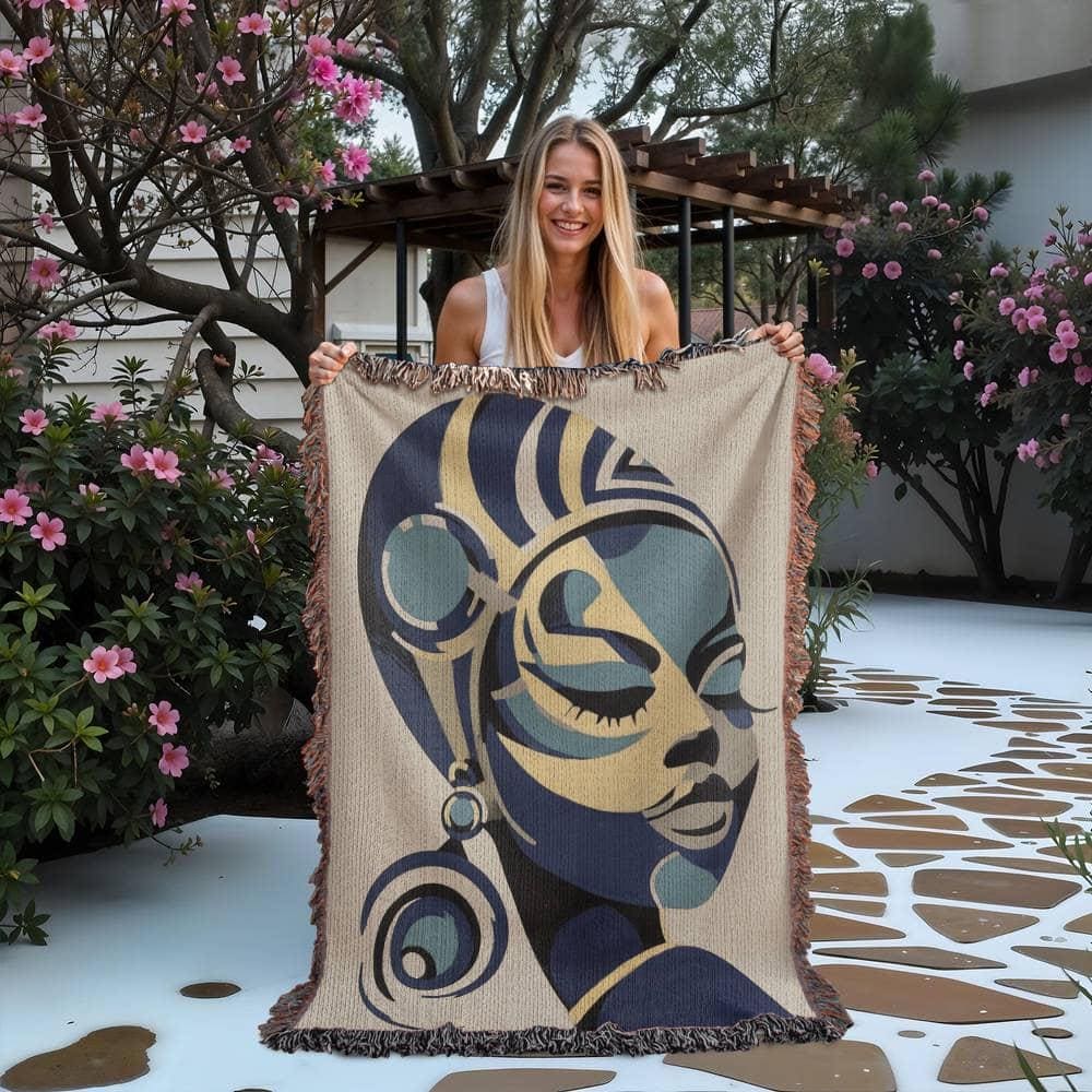 African Woman Geometric art Woven Cotton Blanket - Image 2