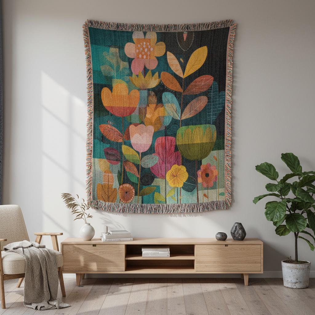 Scandinavian Botanical Maximalist Floral Folk Art Woven Cotton Blanket