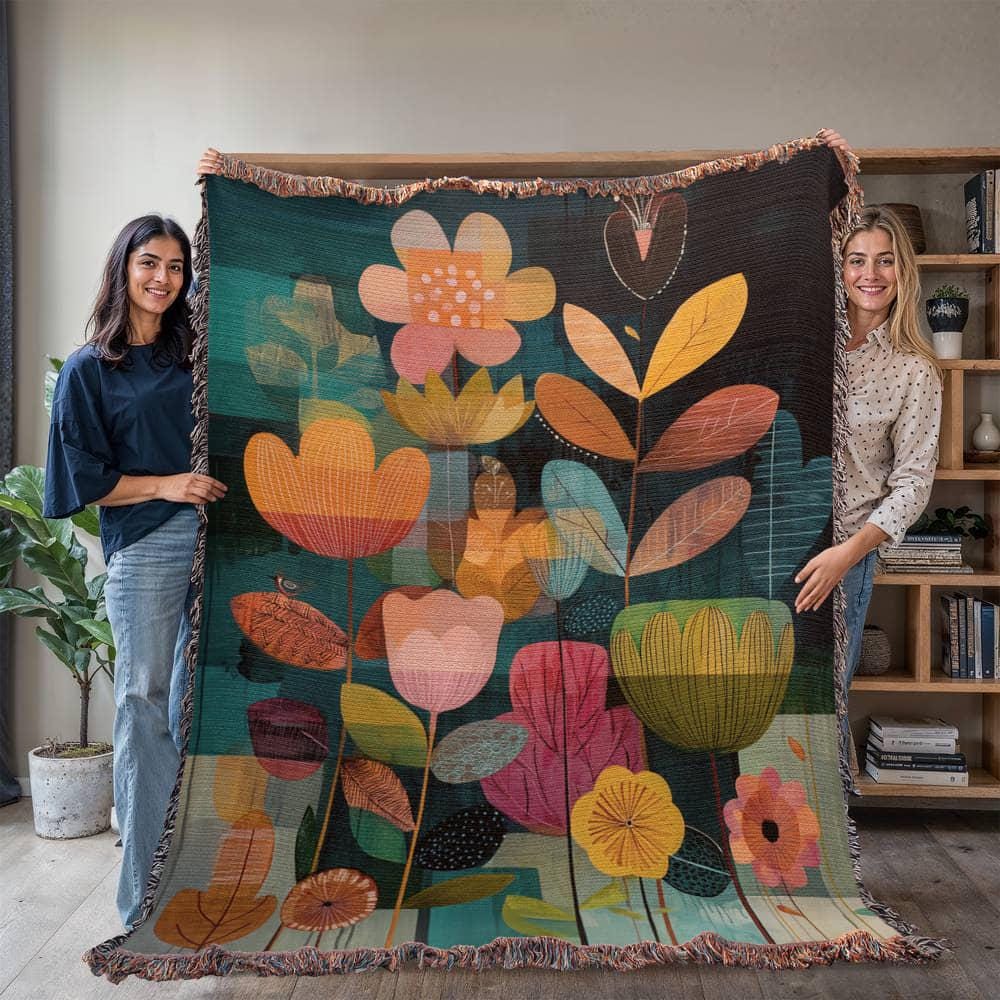 Scandinavian Botanical Maximalist Floral Folk Art Woven Cotton Blanket - Image 6