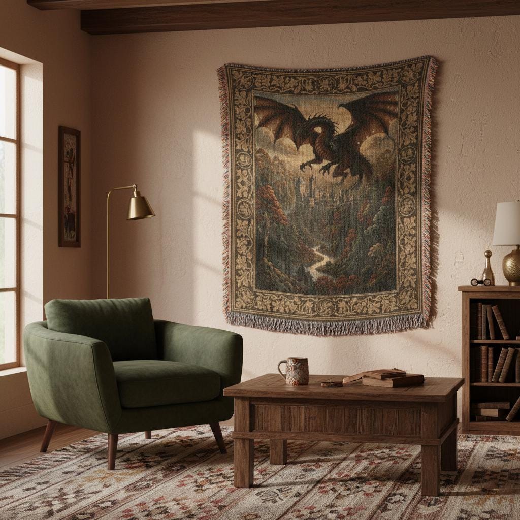 Medieval Dragon Fantasy Lover Gift Woven Cotton Blanket