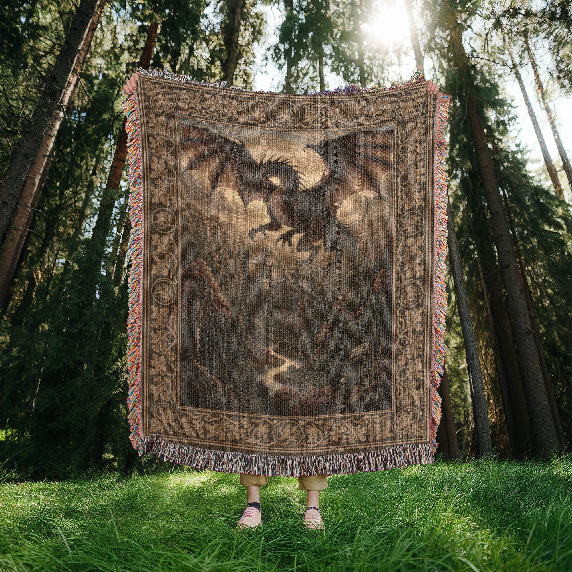 Medieval Dragon Fantasy Lover Gift Woven Cotton Blanket - Image 6