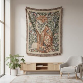 Folk Art Fox Cottagecore Floral Woven Cotton Blanket