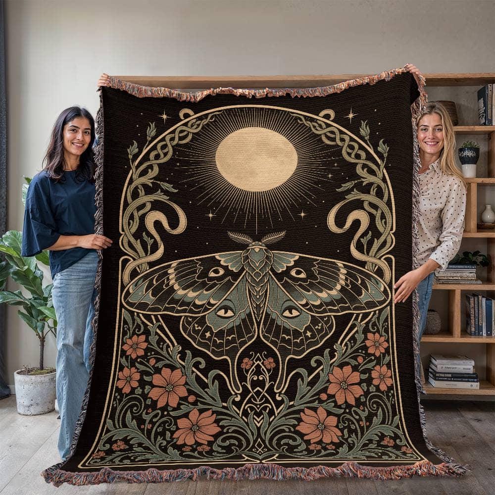 Lunar Moth Art Nouveau Floral Woven Cotton Blanket - Image 6