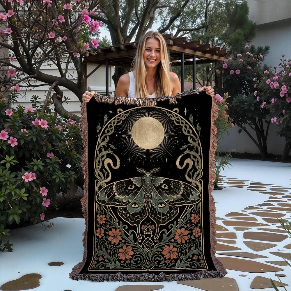 Lunar Moth Art Nouveau Floral Woven Cotton Blanket - Image 2