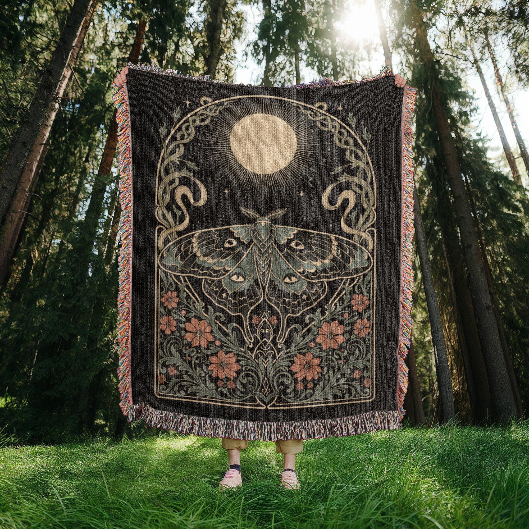 Lunar Moth Art Nouveau Floral Woven Cotton Blanket - Image 3