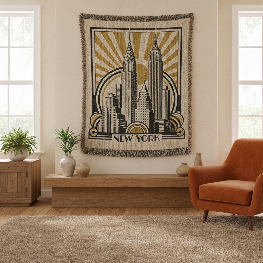 Art Deco New York City Mid Century Modern Woven Cotton Blanket