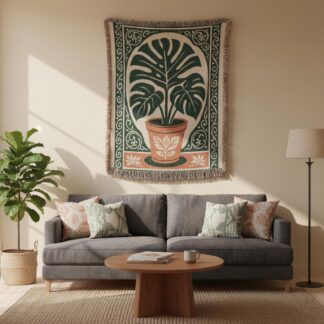 Bohemian Monstera Retro Tropical Plant Woven Cotton Blanket