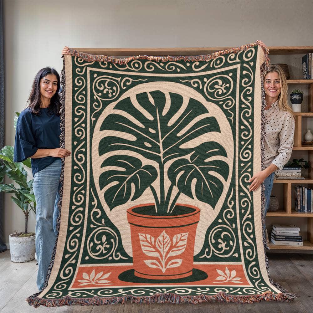 Bohemian Monstera Retro Tropical Plant Woven Cotton Blanket - Image 2