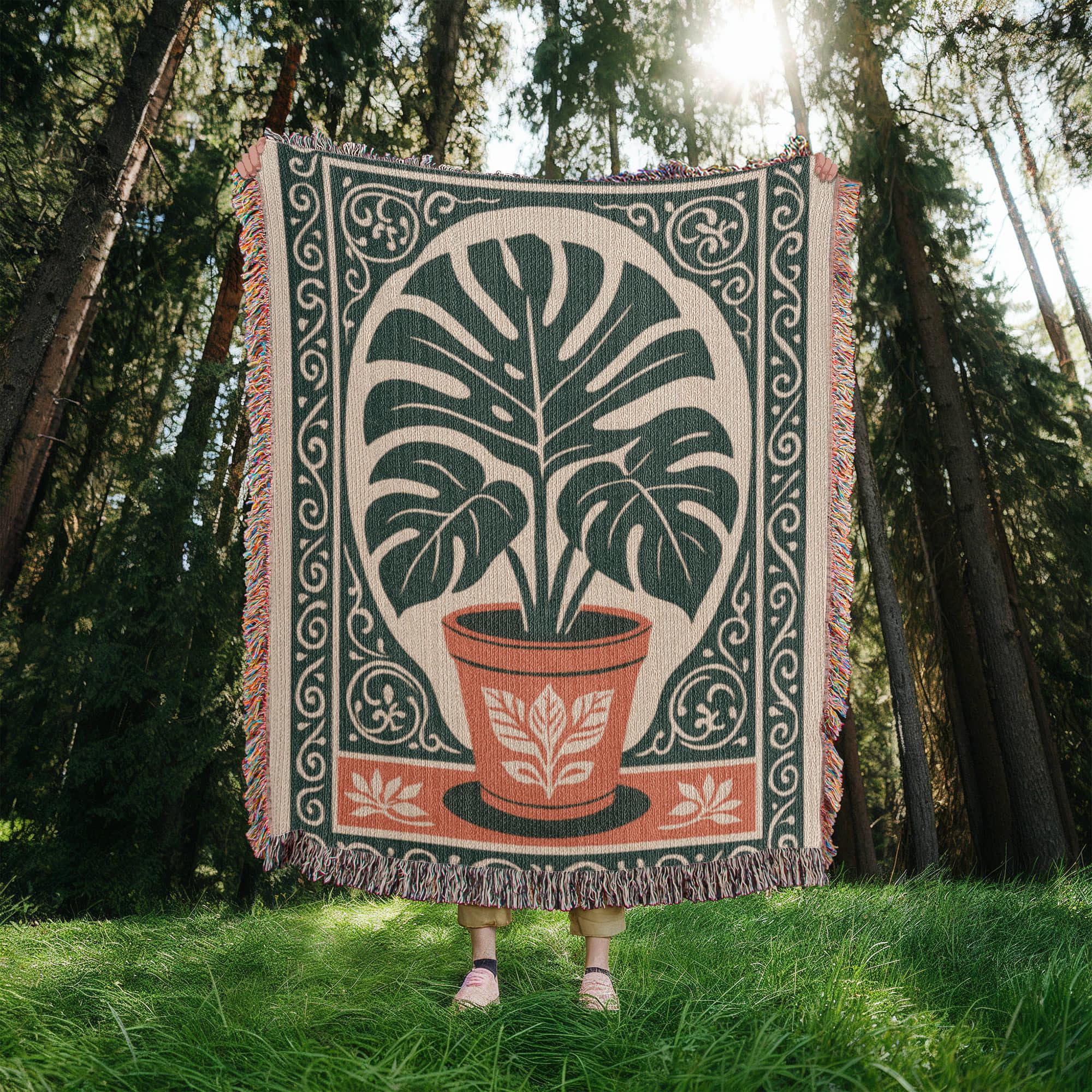Bohemian Monstera Retro Tropical Plant Woven Cotton Blanket - Image 5
