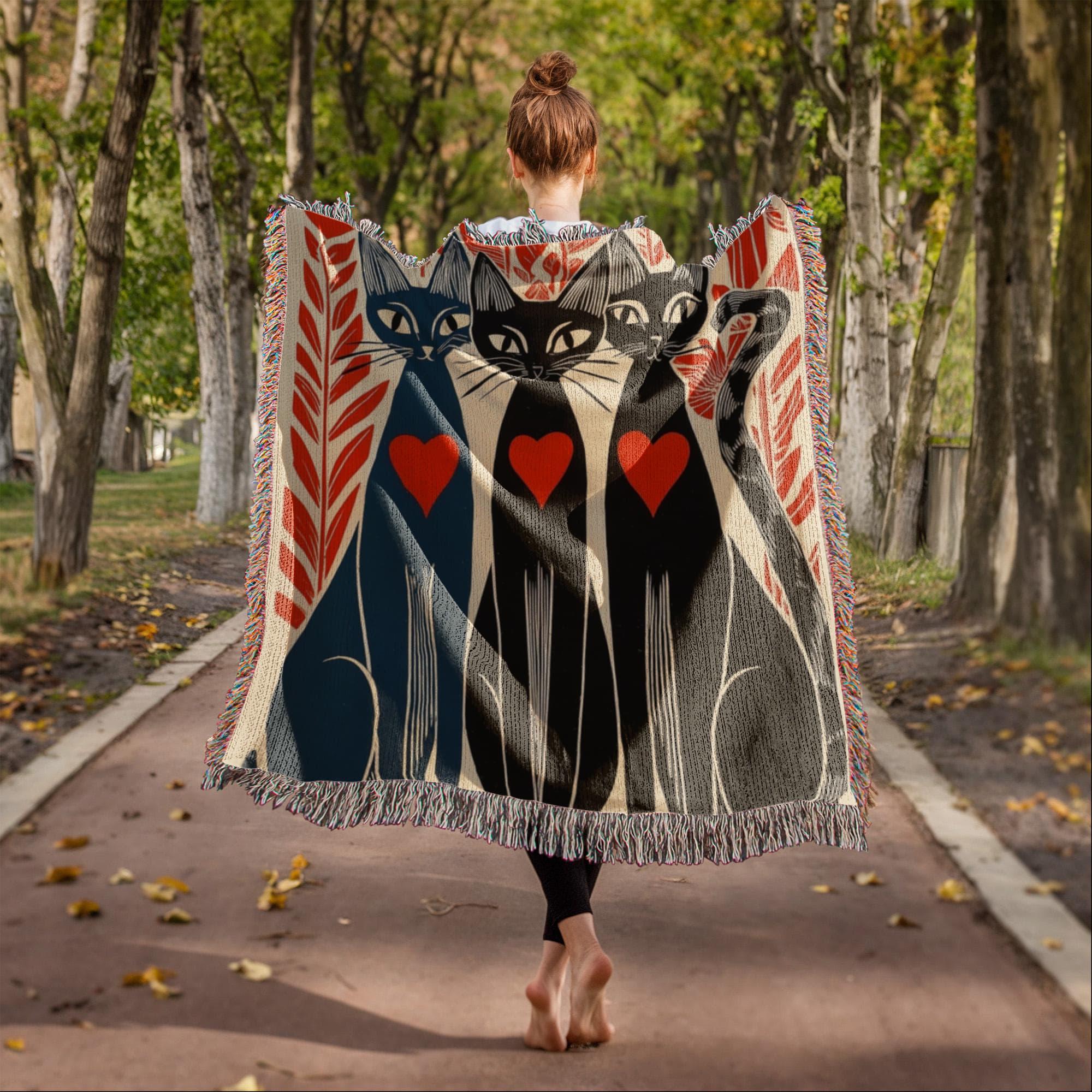 Mid-Century Folk Art Cats Black Cat Woven Cotton Blanket - Image 5